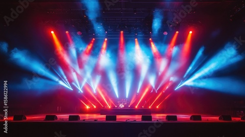 Stage of the concert illuminated with colorful spotlights, evoking an energetic and lively atmosphere