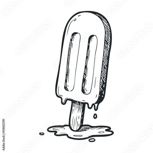 Melting ice cream bar sketch in black and white with dripping details. Hand draw vector illustration