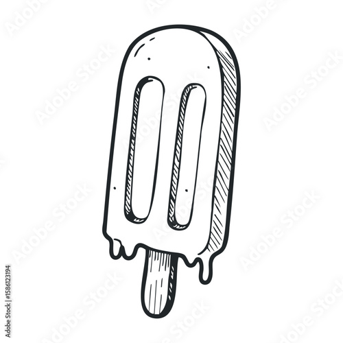 Hand-drawn melting popsicle sketch: minimalist black and white ice cream art. Hand draw vector illustration