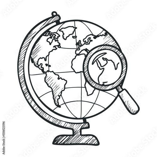 Hand-drawn globe with magnifying glass highlighting continents in black and white. Hand draw vector illustration