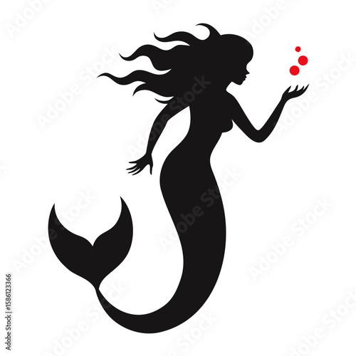 Black mermaid silhouette with red bubbles white
