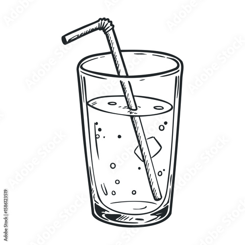Soda glass with ice and straw sketch - refreshing beverage line art illustration. Hand draw vector illustration
