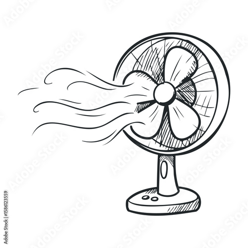 Sketch of a desk fan with blowing air. Hand drawn vector illustration