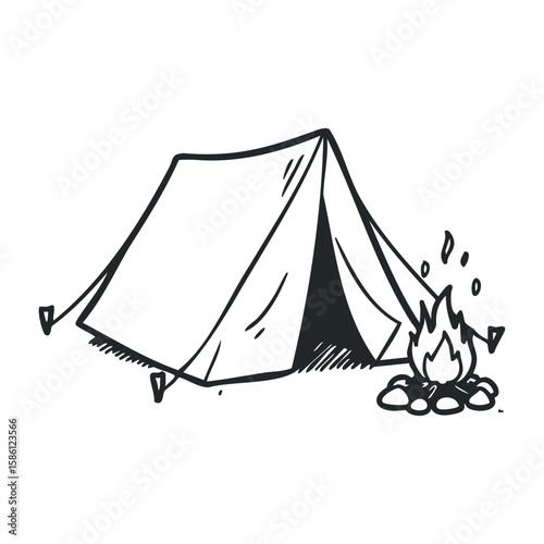 Camping tent and campfire drawing: outdoor adventure and nature sketch. Hand drawn vector illustration