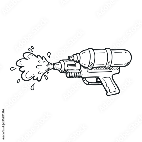 Black and white sketch of water gun spraying water. Hand drawn vector illustration