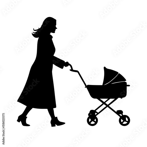 Woman pushing baby stroller silhouette vector