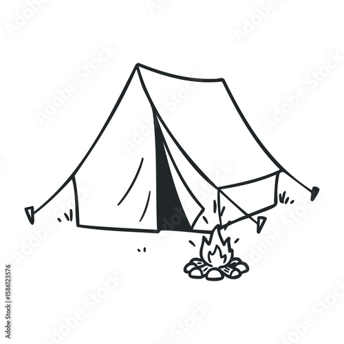 Simple line drawing of camping tent and campfire in nature. Hand drawn vector illustration