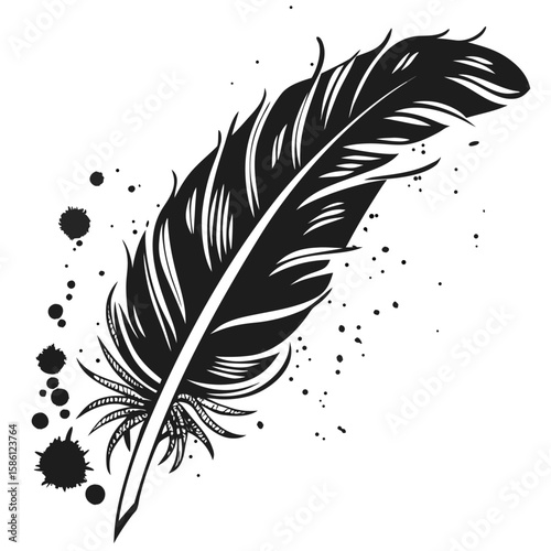 Feather vector illustration featuring a set of black bird plumes for writing, art, and design