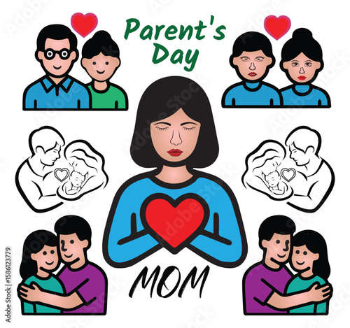 Happy Parent's Day illustration featuring mother and father with their son and daughter. Celebrating love, family bond, and gratitude. Perfect for cards, posters, and social media.