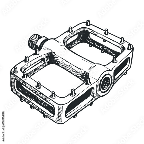 Detailed sketch of a bicycle pedal with pins and axle in black and white. Hand drawn vector illustration
