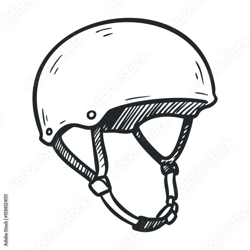 Black and white sketch of a safety helmet with chin strap. Hand drawn vector illustration