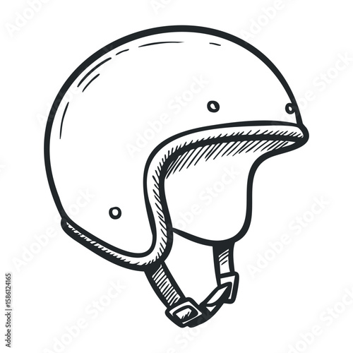 Monochrome sketch of classic protective helmet with chin strap. Hand drawn vector illustration