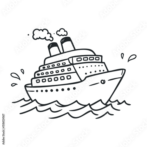 Black and white cruise ship doodle with waves and smoke. Hand drawn vector illustration