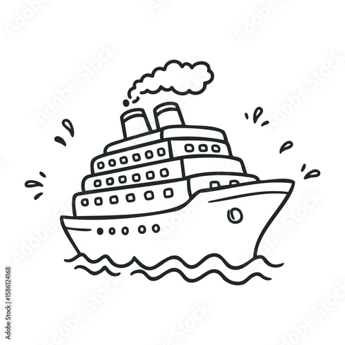 Outline of large cruise ship with smoke stacks and ocean waves. Hand drawn vector illustration