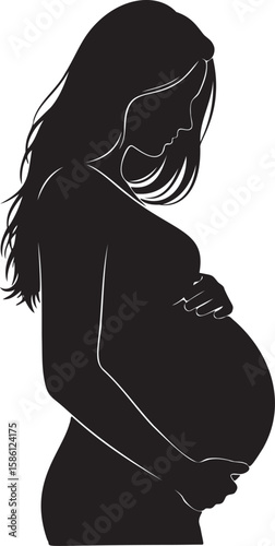 Silhouette of pregnant woman holding belly in side view on white background