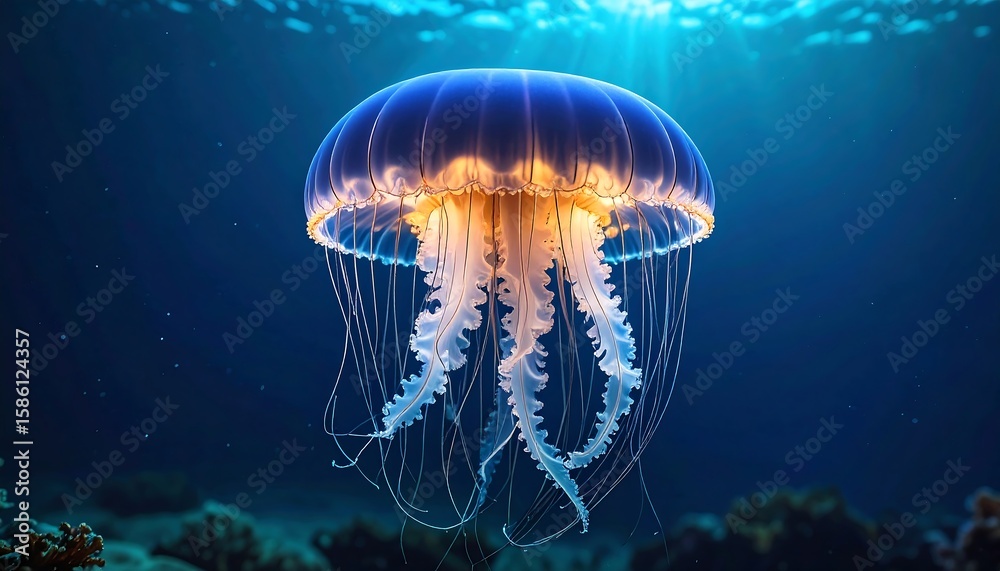 Fototapeta premium Jellyfish in underwater sunlit scene