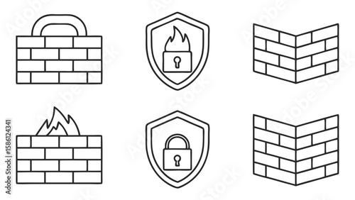 Firewall icons security shield and brick wall illustrations lock