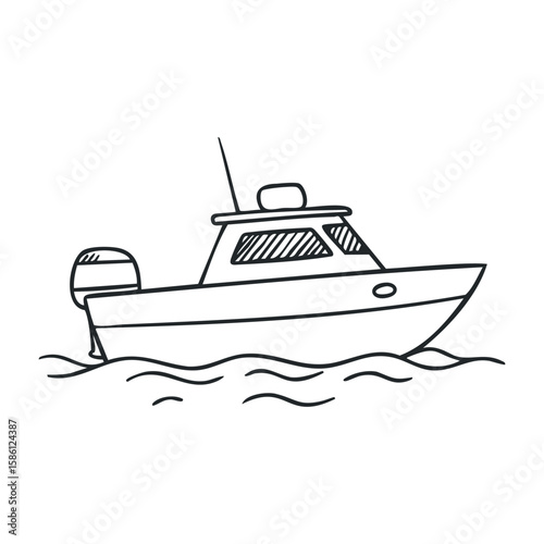 Black and white boat sketch with waves. Hand drawn vector illustration