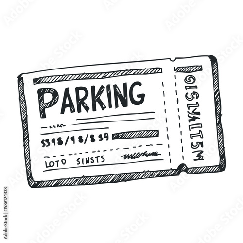 Hand-sketched parking ticket with expiry details and barcode design. Hand drawn vector illustration