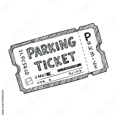 Sketched parking ticket design with handwritten details and bold typography. Hand drawn vector illustration