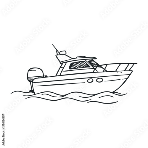 Sketch of motorboat on waves with outboard engine outline. Hand drawn vector illustration