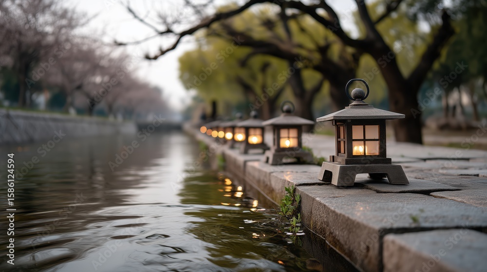 Fototapeta premium Misty cherry blossom evening with floating lanterns