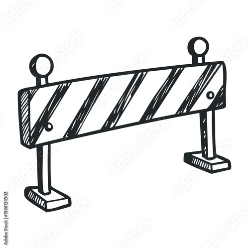 Hand-drawn construction barrier with diagonal stripes and poles. Hand drawn vector illustration