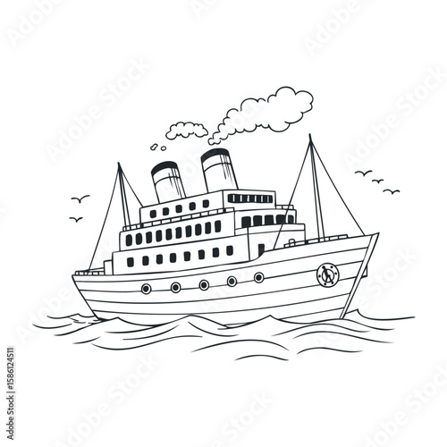 Vintage ocean liner with smokestacks and sails on wavy sea. Hand drawn vector illustration