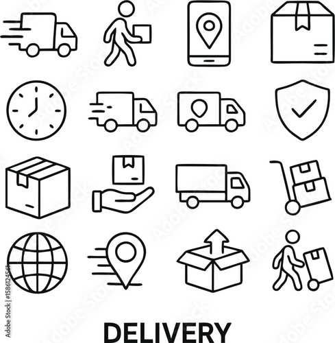 Professional delivery vector icon set featuring courier services, packages, trucks, tracking maps, shipping boxes, logistics, and express delivery elements.

