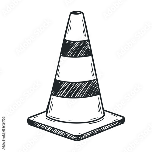Monochrome traffic cone with striped pattern on base. Hand drawn vector illustration