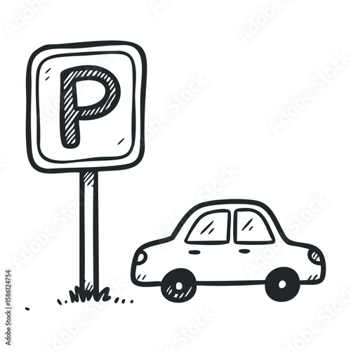 Hand-drawn black car parked beside parking sign illustration on white background. Hand drawn vector illustration