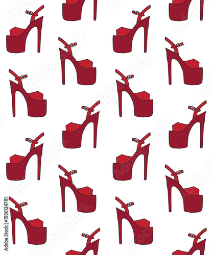 Vector seamless pattern of hand drawn sketch doodle red pole dance shoe isolated on white background