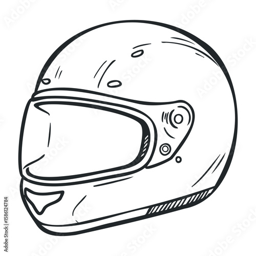 Black and white line art of motorcycle helmet with visor detail. Hand drawn vector illustration