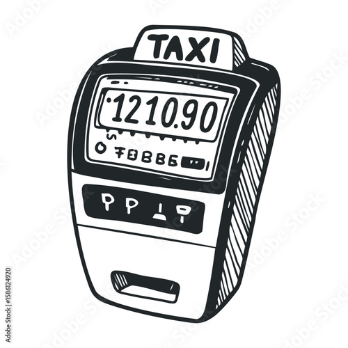 Hand-drawn black and white taxi meter sketch with digital display. Hand drawn vector illustration