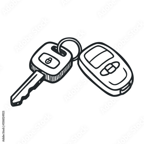Car key and remote fob doodle illustration in black and white line art style. Hand drawn vector illustration
