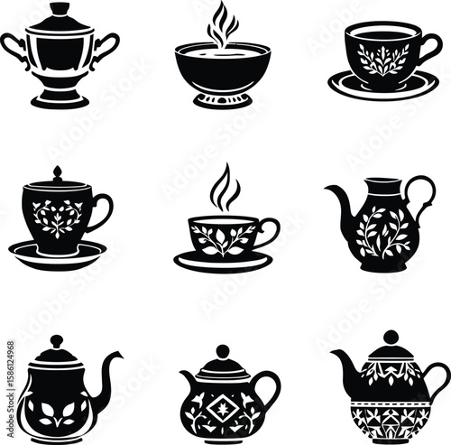Black-and-White Vector Illustration of Teacups & Decorative Teapots – 9-Item Beverageware Silhouette Grid