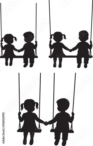 Children holding hands on swings silhouette