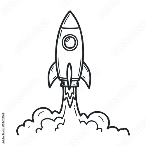 Hand-drawn rocket sketch in black and white with launching smoke trail. Hand drawn vector illustration