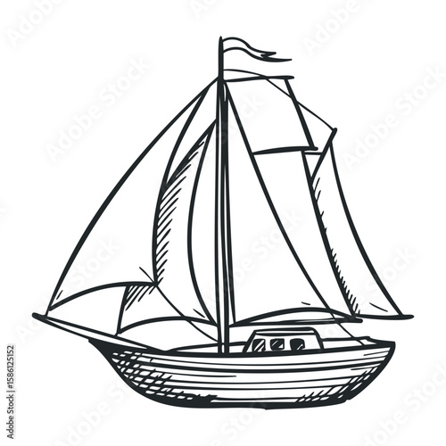 Black and white sailboat with large sails and flag. Hand drawn vector illustration