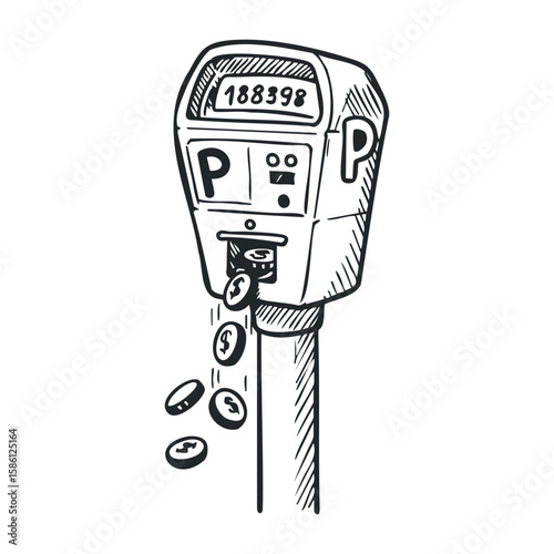 Sketch of vintage parking meter with coins falling and meter reading 188998. Hand drawn vector illustration