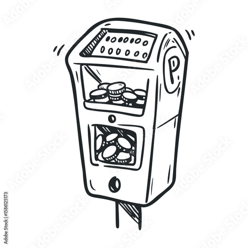 Hand-drawn coin-filled parking meter with coins inside on white background. Hand drawn vector illustration