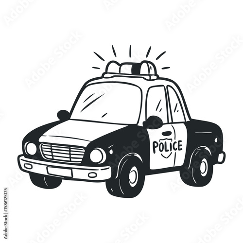 Cartoon police car with flashing lights in classic black and white style. Hand drawn vector illustration