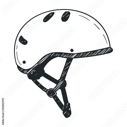 Black and white sketch of safety helmet with straps for outdoor activities. Hand drawn vector illustration