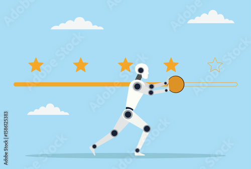 Vector illustration of a robot pushing the review bar from bad to good, representing the role of AI in improving feedback and increasing customer satisfaction
