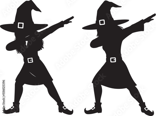 Two witches doing the dab dance in silhouette