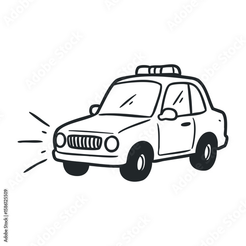 Hand-drawn style cartoon taxi with simple black and white design. Hand drawn vector illustration