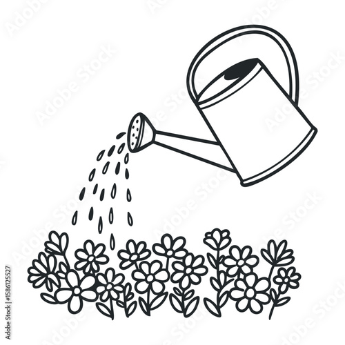 Simple black and white drawing of watering can nurturing a flower garden. Hand drawn vector illustration
