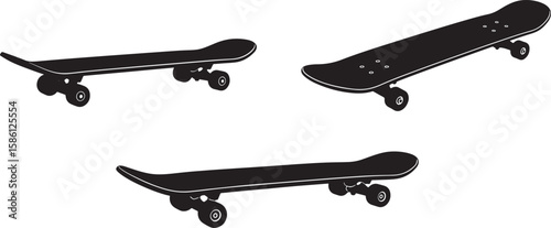 Three skateboards in different angles silhouette