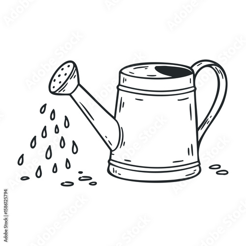 Black and white sketch of metal watering can with handle and spout. Hand drawn vector illustration