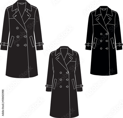 Three black trench coat outlines silhouette